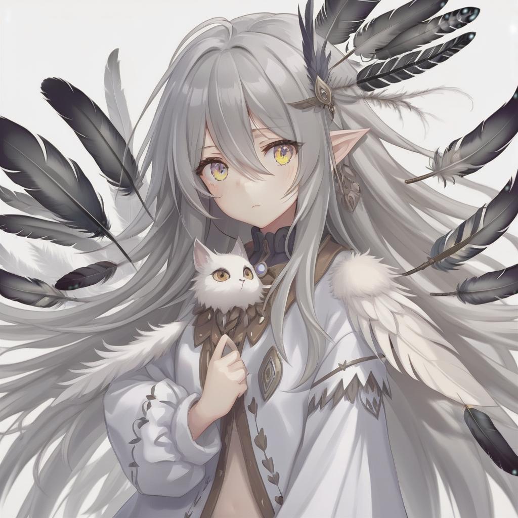  concept art beautiful cute anime girl with long gray hair, white eyes, feathers instead of ears . digital artwork, illustrative, painterly, matte painting, highly detailed