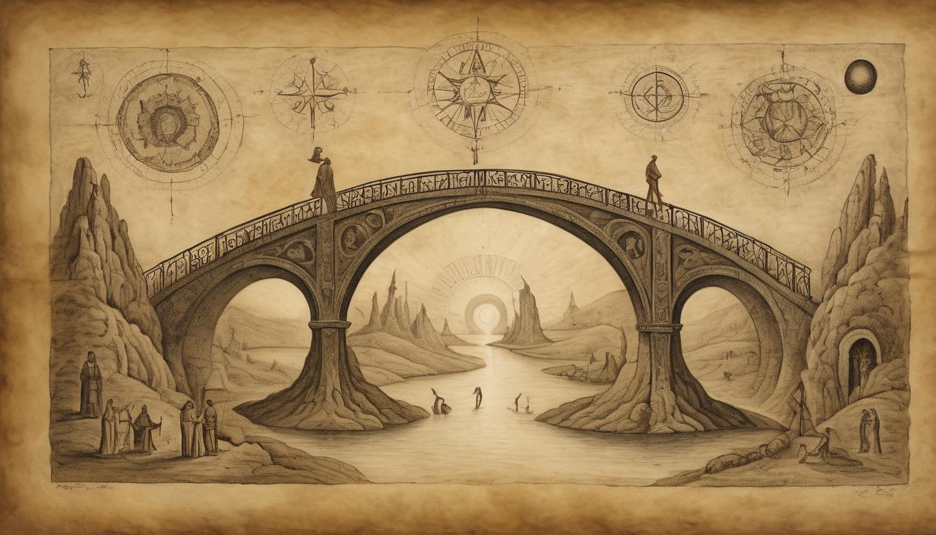  on parchment, surrealism++, bridge between dark chasm and celestial light, figures crossing, path illuminated with divine symbols, transformation, renewal(mysterious, provocative, symbolic)++