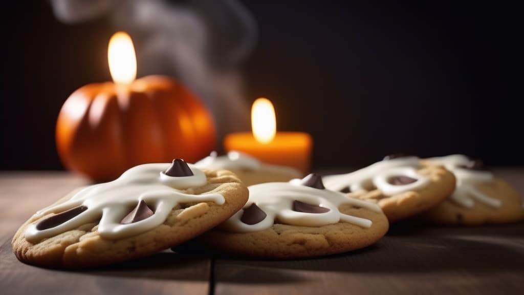  cinematic film style, Cookies screaming ghost on the table decorated with cream, pumpkins, candles, smoke spooky scary trick or treats October 31 copy space blank background ar 16:9, shallow depth of field, vignette, highly detailed, high budget Hollywood movie, bokeh, cinemascope, moody, epic, gorgeous, film grain, grainy, sun rays and shadows on furniture and surfacesб flattering light, RAW photo, photography, photorealistic, ultra detailed, depth of field, 8k resolution , detailed background, f1.4, sharpened focus, sharp focus
