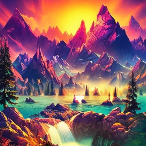 vectorartz a stunning fantasy landscape with towering mountains, cascading waterfalls, and a vibrant, otherworldly sky.