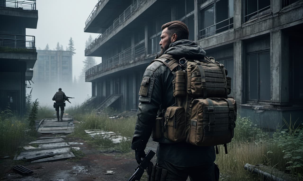  dystopian style escape from tarkov a man with a gun right behind the backpack's shoulders, next to the building in four floors and the lake forest . bleak, post apocalyptic, somber, dramatic, highly detailed hyperrealistic, full body, detailed clothing, highly detailed, cinematic lighting, stunningly beautiful, intricate, sharp focus, f/1. 8, 85mm, (centered image composition), (professionally color graded), ((bright soft diffused light)), volumetric fog, trending on instagram, trending on tumblr, HDR 4K, 8K