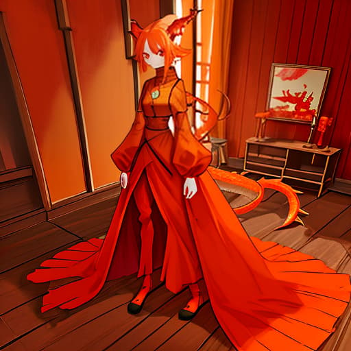   dragon female with orange hues, with dragon ears, tall, slender, medium . red clothes with a necklace on their . it is in a wooden house in the room. eyes are bright with red hues.