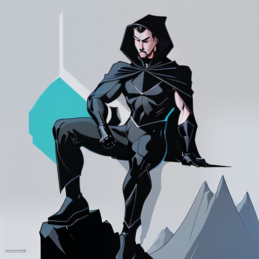  a man sitting on the edge of a mountain, a man in a black cape in a hood, a man with a sword, space, vector art, vivid colors, clean lines, sharp edges, minimalist, precise geometry, simplistic, smooth curves, bold outlines, crisp shapes, flat colors, illustration art piece, high contrast shadows, technical illustration, graphic design, vector graphics, high contrast, precision artwork, linear compositions, scalable artwork, digital art