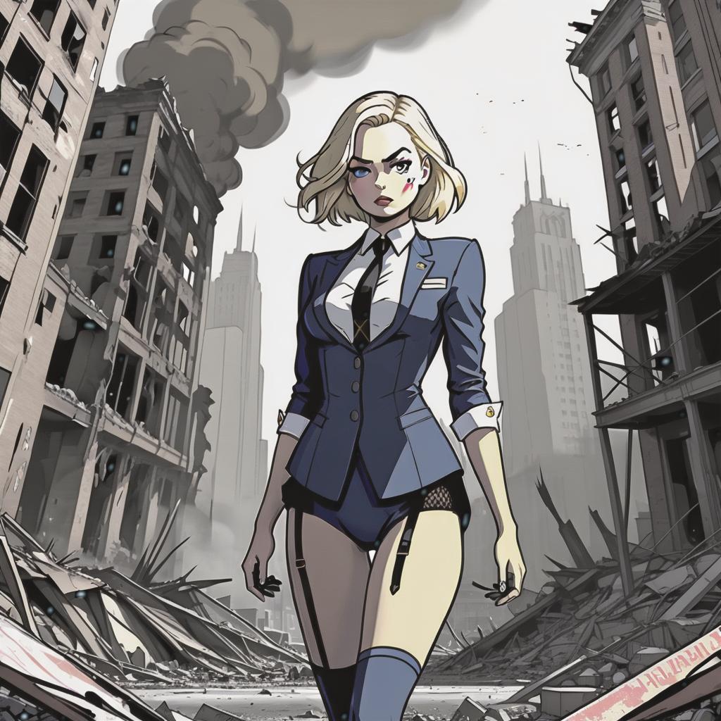  line art drawing skinny , full height, uniform, very short , face looks like margot robbie, long legs in stockings, big s, mouth ajar, front view, fallout style, against the background of destroyed buildings, hyper realism, realistic photo same nightmare. anime style . professional, sleek, modern, minimalist, graphic, line art, vector graphics