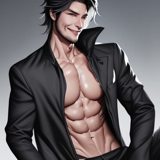  a hot with an opened black jacket that shows his abs, has messy hair and is smirking with dead eyes