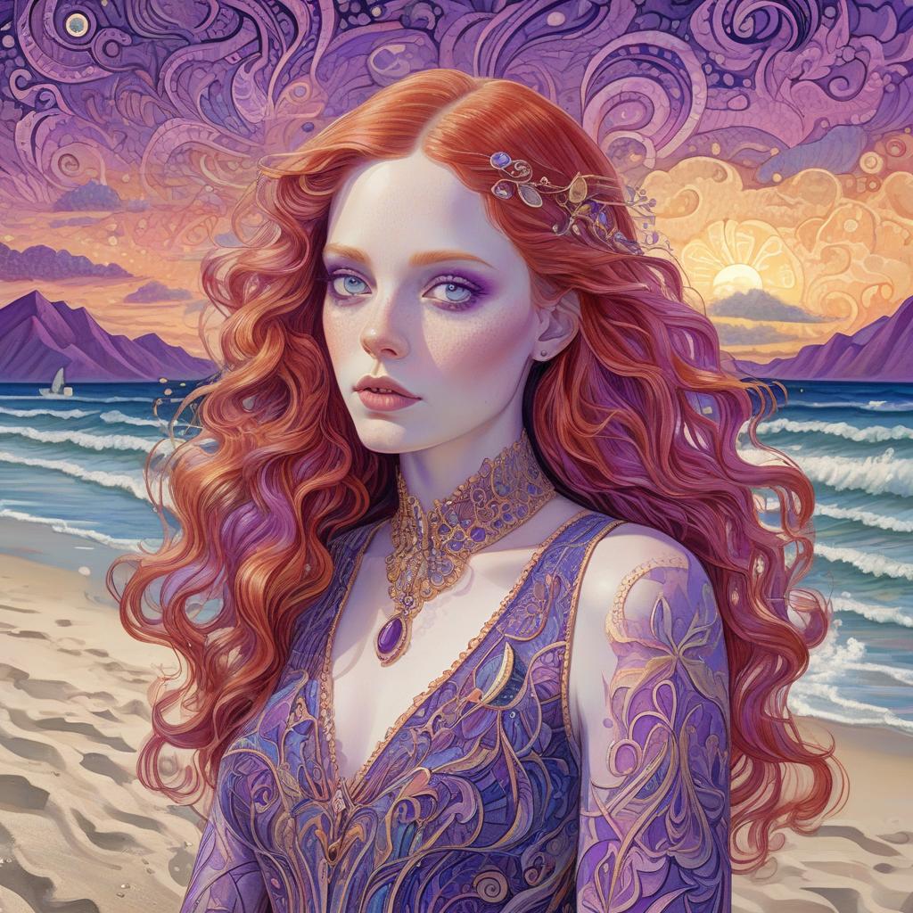  laurel birch midnight amethyst, indigo , purple psychedelic colorful illustration, art deco illustration, a beautiful woman, long red hair, enormous, expressive violet eyes, pale skin, feminine body, a beige lace dress, on a white sand beach, zentangle, filigree, molten gold, prismatic pearlescent, opalescent, luminescent, pearlescent, masterpiece, museum quality deepdream s 400 ar 4:5", mysterious