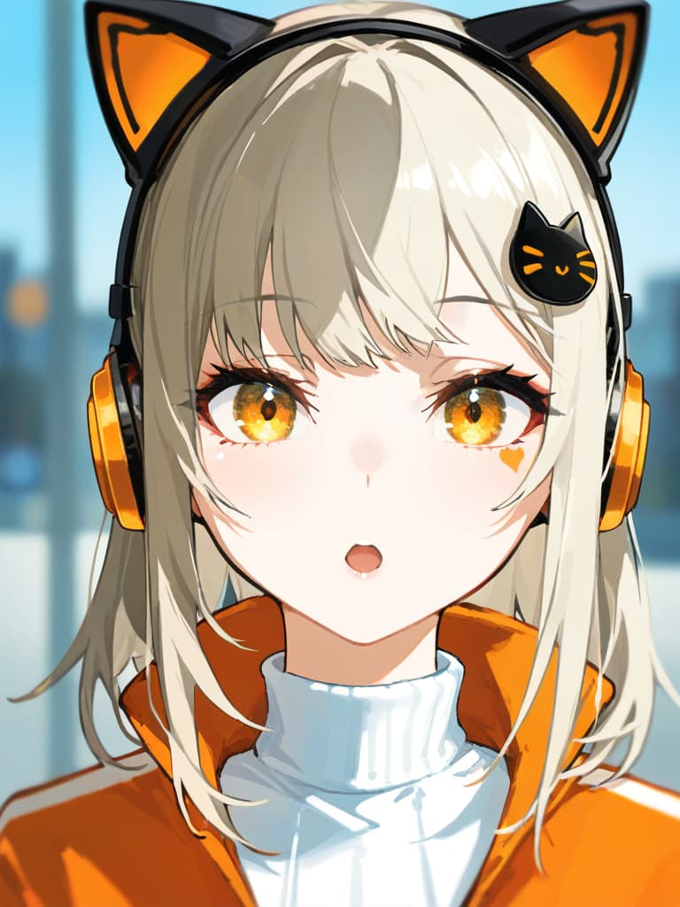  (black cat ear headphones: 1.2), blurry, masterpiece, open mouth, best quality, close up, from front, (silverbeige hair: 1.4) ing, orange overside jacket, 1.2), (white turtleneck: 1.1), (hair pin: 1.3)