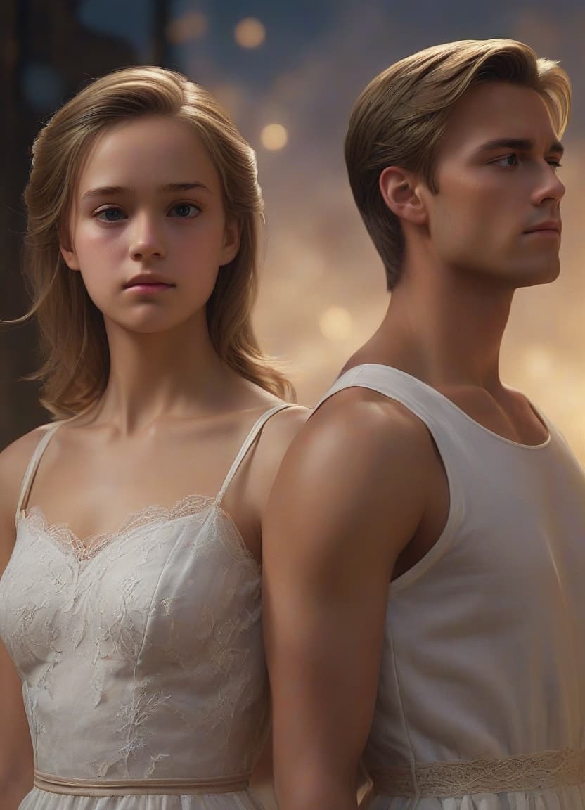  the romantic digital painting depicts two characters standing back to back against a mystical background, which creates a powerful and romantic composition. the heroine on the left has long loose light brown hair with barely noticeable highlights, partially covering her face. she is wearing a delicate white dress with thin straps with intricate lace details around the edges of the neckline, which seems translucent and airy. her eyes are closed and her head is tilted down, which gives her a thoughtful expression when she looks slightly to the left. the male character on the right has short, coiffed blond hair with barely noticeable highlights, and his muscular physique is emphasized by soft lighting. he is wearing a black sleeveless t shirt 