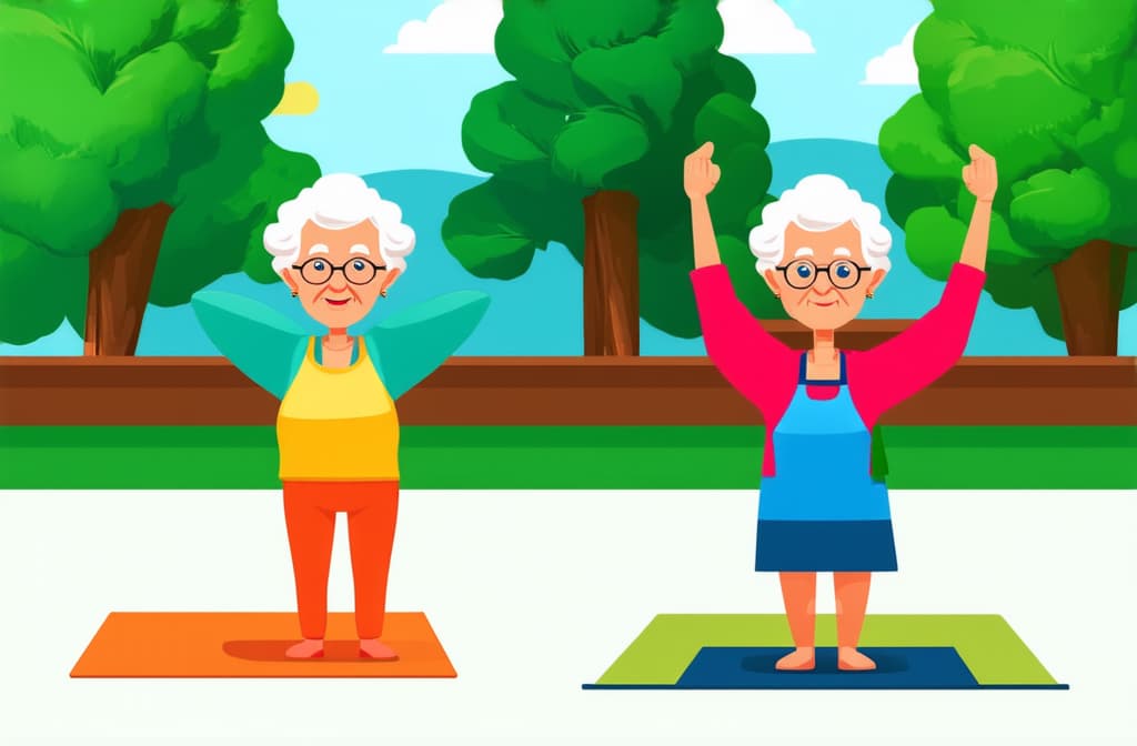  elderly people cartoon characters doing sports, practicing yoga, enjoying aerobics and gymnastics. flat illustration ar 3:2 {prompt}, maximum details