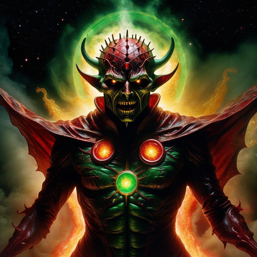  space themed demon hellraiser alien in a mantle flowing red mucus in wounds and white smoke red rings of light green yellow fire in the darkness of horror . cosmic, celestial, stars, galaxies, nebulas, planets, science fiction, highly detailed