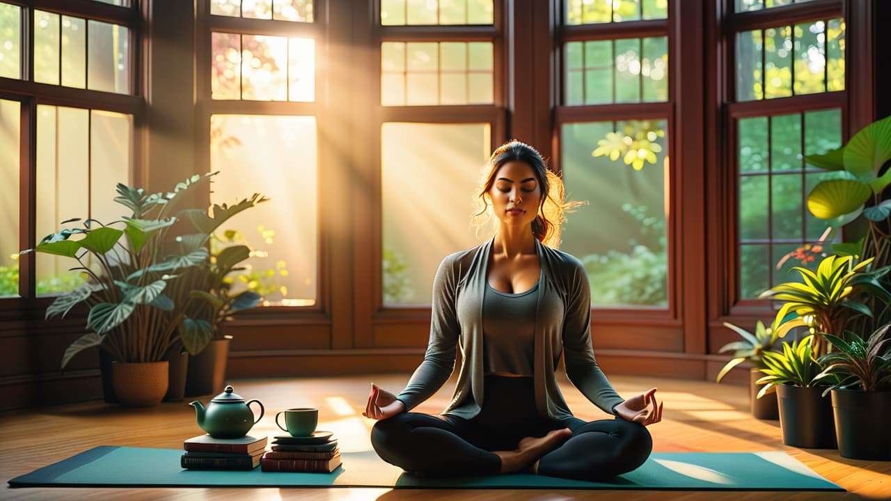  a serene sunrise illuminates a cozy bedroom; a person meditates on a yoga mat, a journal and steaming cup of tea nearby, while soft light streams through a window adorned with lush plants. hyperrealistic, full body, detailed clothing, highly detailed, cinematic lighting, stunningly beautiful, intricate, sharp focus, f/1. 8, 85mm, (centered image composition), (professionally color graded), ((bright soft diffused light)), volumetric fog, trending on instagram, trending on tumblr, HDR 4K, 8K