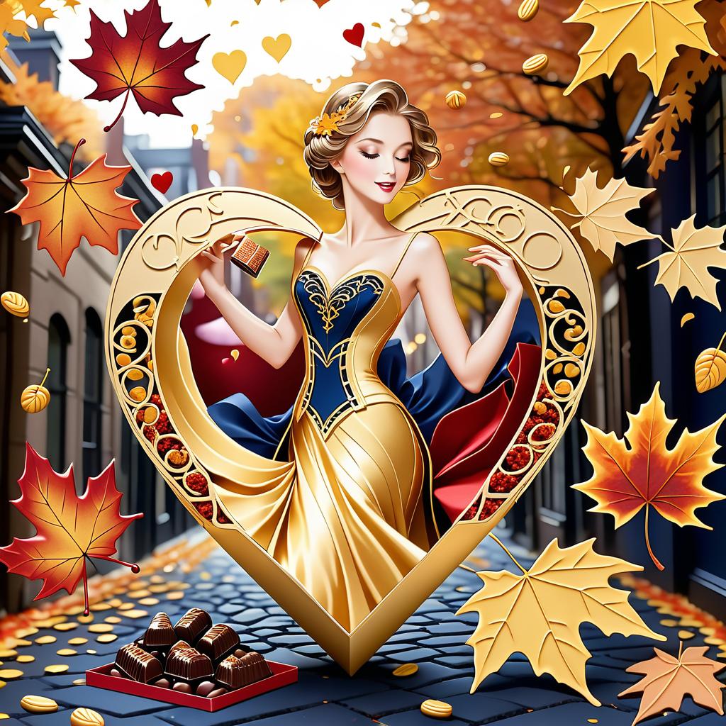  luxury product style on a carpet of yellow leaves in a simple dress of wind given crepe autumn danced a waltz boston in an alleyway. the warm day flew away and the saxophone sang hoarsely. (background of the card): falling autumn leaves, a whirlwind of autumn leaves, wind saxophone, ((a box of chocolates, the inscription "autumn waltz")) , a greeting card. (heart), a beautiful figure made of contours in the shape of a heart. (heart colour): night sky background, stars, gold pattern. (style):fantasy, autumn art, autumn romance. (colours):gold, green gold, navy blue, red, red gold, brown gold, silver, golden blue, bluish blue, dark blue on gold . elegant, sophisticated, high end, luxurious, professional, highly detailed