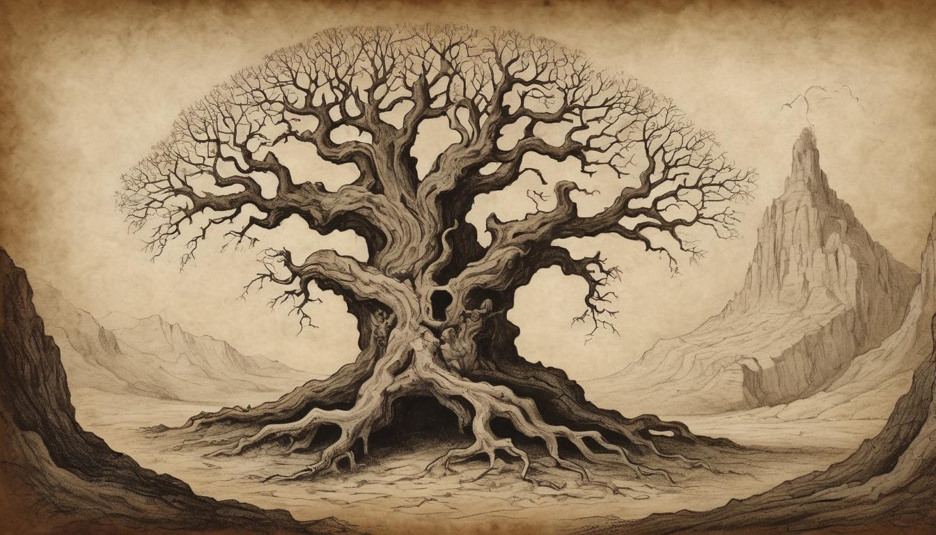  on parchment, surrealism++, roots of an ancient, gnarled tree growing deep into the ground, surrounded by a barren, rocky landscape, symbol of endurance, darkness encroaching, growth in adversity, mood of resilience(mysterious, provocative, symbolic)++