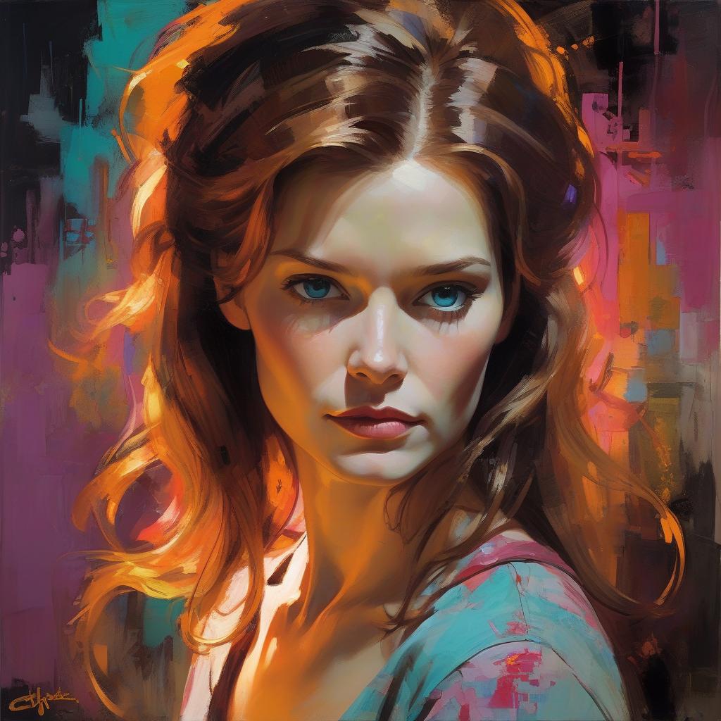  portrait captures young kathryn janeway at 20, long hair flowing, hybrid style merging the meticulous finesse of carne griffith and michael garmash with ivan shishkin's intricate realism, oriental color palette with deep, saturated hues, neon ambient lighting contrasts abstract black oil textures, mecha aesthetic intertwined with detailed acrylic brushwork, grunge elements adding raw atmosphere,