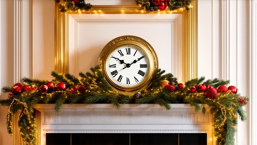  professional detailed photography, a gold clock with roman numerals stands on the fireplace, the room is decorated in new year's style ar 16:9, (muted colors, dim colors, soothing tones), (vsco:0.3)