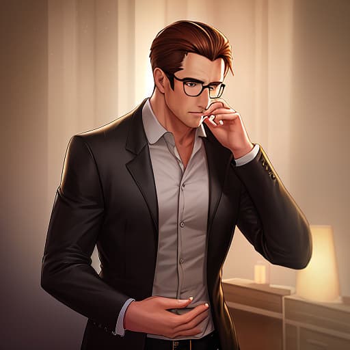  A handsome adult man with short light brown hair, slightly slicked back, wearing glasses and a jacket over a shirt. hyperrealistic, full body, detailed clothing, highly detailed, cinematic lighting, stunningly beautiful, intricate, sharp focus, f/1. 8, 85mm, (centered image composition), (professionally color graded), ((bright soft diffused light)), volumetric fog, trending on instagram, trending on tumblr, HDR 4K, 8K