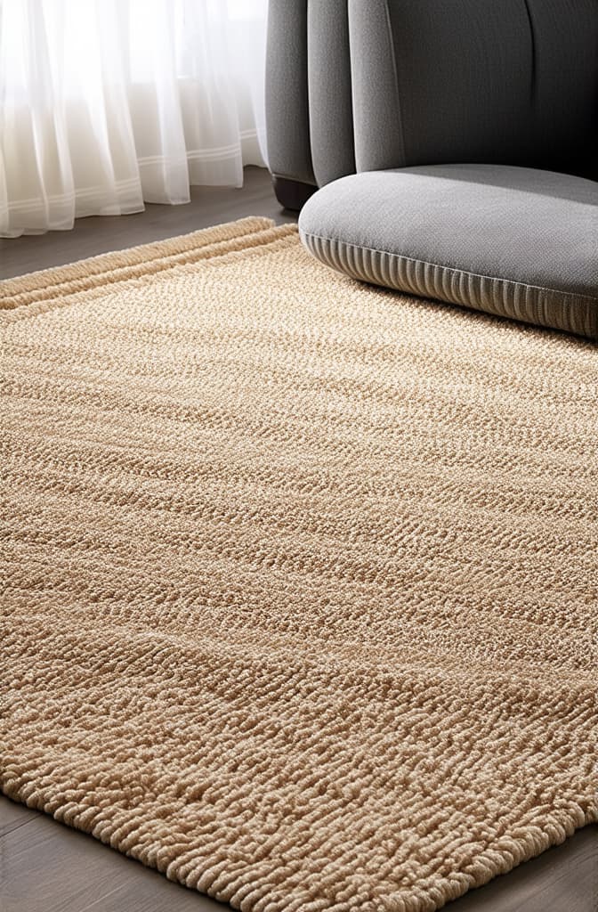  close up, beige knitted carpet lies on the floor, in the background is a soft gray pouf, gray sofa, bright room, warm and cozy atmosphere ar 2:3 {prompt}, maximum details