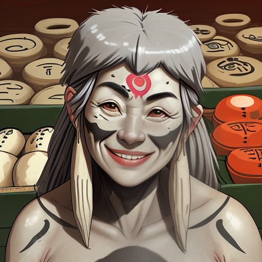   old , goliath, gray skin, with mongolian folk drawings on her face, smiling, market, fantasy