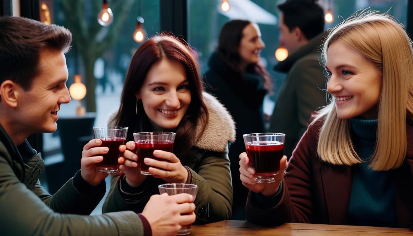  cinematic photo photographic image, autumn, friends: three 3 men aged 40 and 3 three women in a cozy cafe, they are cold, drinking hot mulled wine from glass cups, and talking, image detailing . 35mm photograph, film, bokeh, professional, 4k, highly detailed, perfect hands