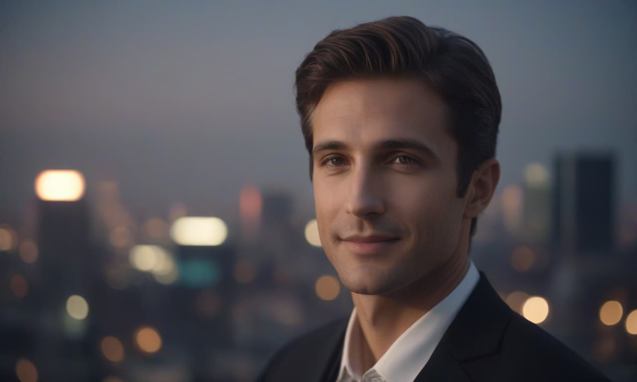  cinematic film still sunrise in the background, a piece of sun is visible, in the foreground on the side of the right, a man in a suit looks at the camera, the face is illuminated by a spotlight in the front, slightly smiles, a close up face, photorealism, in the background the city's silhouette is far away in a blurred focus, colored blurred lights of ads in the metropolis in the background, slightly dark. . shallow depth of field, vignette, highly detailed, high budget, bokeh, cinemascope, moody, epic, gorgeous, film grain, grainy