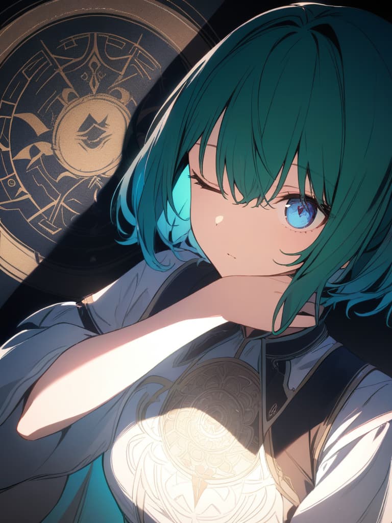  ((beautiful girl,green hair,blue eyes,one eye hidden,one eye hidden by bangs: 1.5,magic circle,magic effect,blue light,mysterious character,bob hair,))、ultra detailed,best shadow,cute and beautiful face,(masterpiece:1.2),(best quality:1.2),detailed background,high contrast,(best illumination,an extremely delicate and beautiful),((cinematic light)),hyper detail,dramatic light,intricate details,8k,anime,very aesthetic