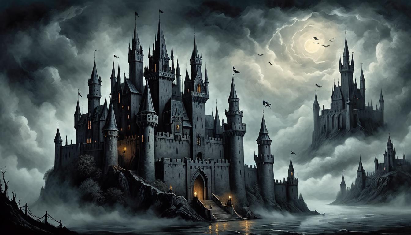  on parchment, surrealism+++, black gothic castle, towering spires, heavy clouds, sense of foreboding, silent watcher(mysterious, provocative, symbolic,muted color)+++