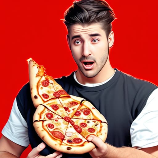  Man holding a pizza while looking at it being shocked