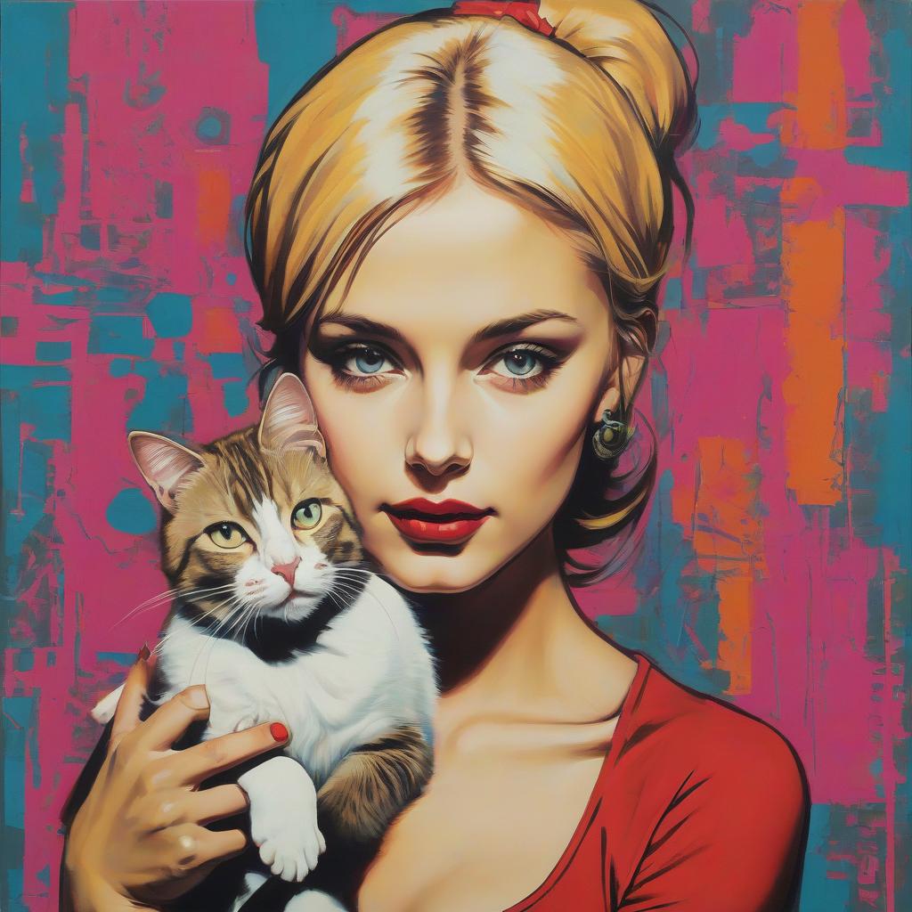  pop art, a girl and a cat . 64к