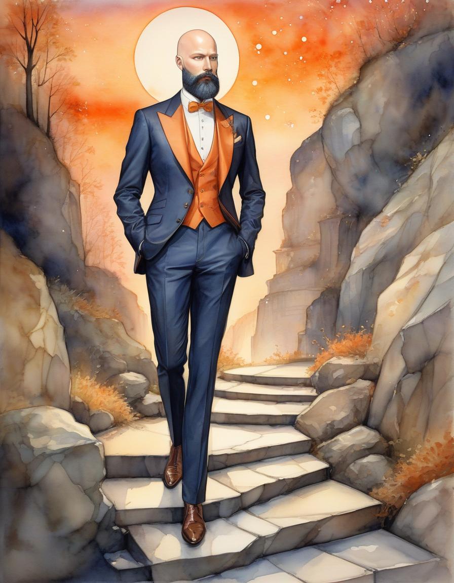  neoclassical jelteman with neofuturistic beard and bald hairdo, expensive chic suit smoothly transitions from late sunset through night to early morning, suit has many complex patterns with stars, jelteman carefully descends stone steps to a wonderful stream, orange with redness sky with stars, (watercolor:1.3)