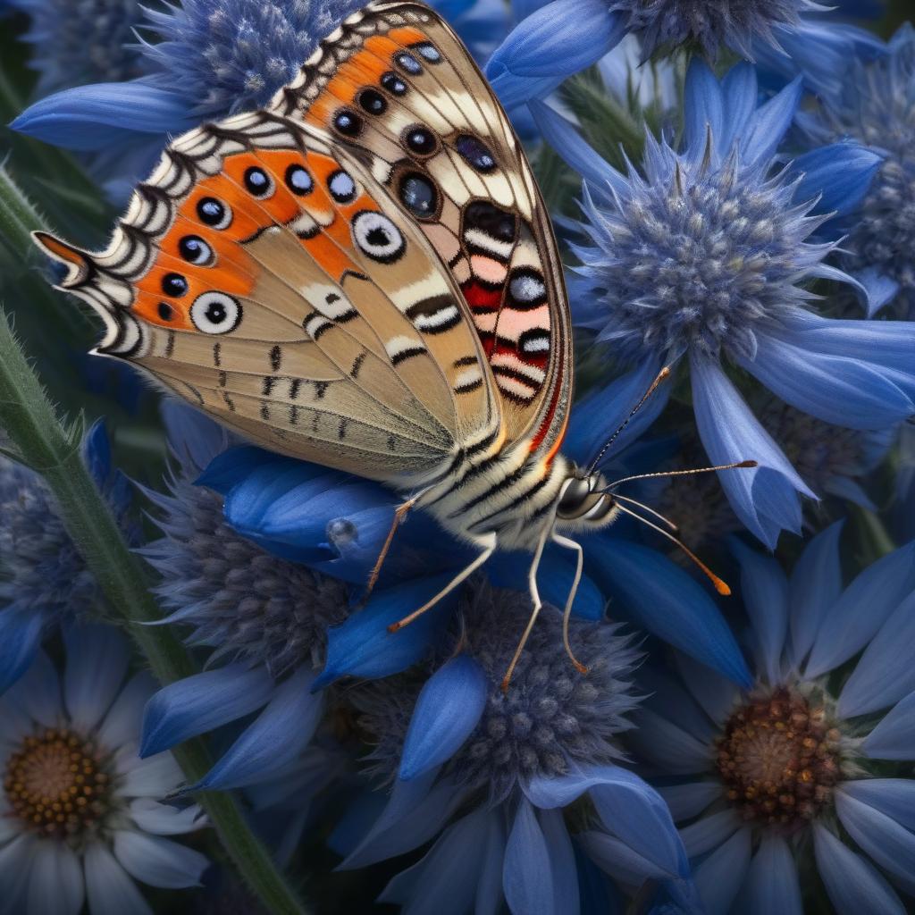  Butterfly "urticaria" on a cornflower hyperrealistic, full body, detailed clothing, highly detailed, cinematic lighting, stunningly beautiful, intricate, sharp focus, f/1. 8, 85mm, (centered image composition), (professionally color graded), ((bright soft diffused light)), volumetric fog, trending on instagram, trending on tumblr, HDR 4K, 8K