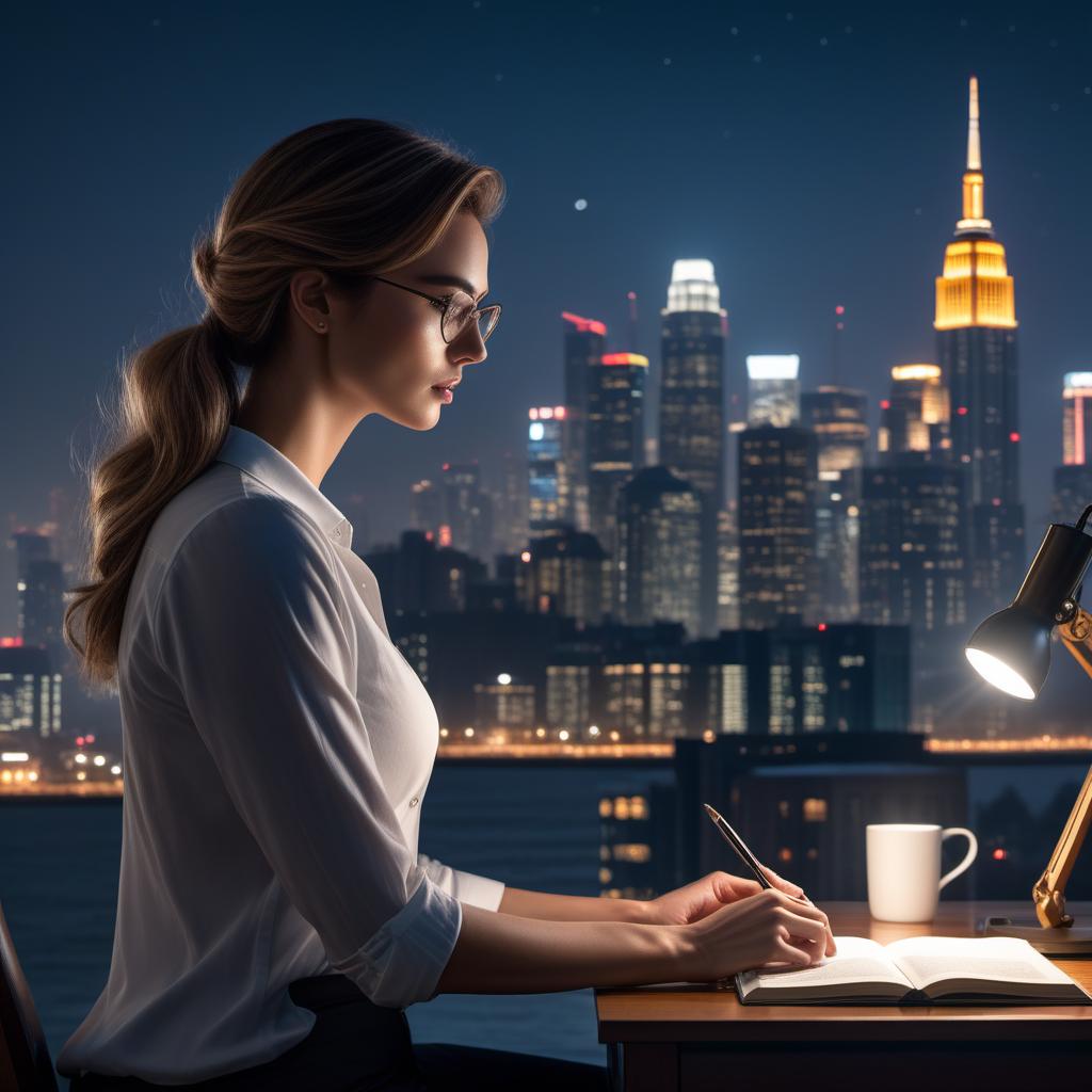  A motivational scene with someone studying late at night, illuminated by a desk lamp, while a city skyline sleeps under a starry sky. The atmosphere should exude determination and discipline, emphasizing the hard work and sacrifices being made. The backdrop showcases a sleeping city, with a person deeply focused on their studies, embodying the essence of 'Let them sleep while you grind.' hyperrealistic, full body, detailed clothing, highly detailed, cinematic lighting, stunningly beautiful, intricate, sharp focus, f/1. 8, 85mm, (centered image composition), (professionally color graded), ((bright soft diffused light)), volumetric fog, trending on instagram, trending on tumblr, HDR 4K, 8K