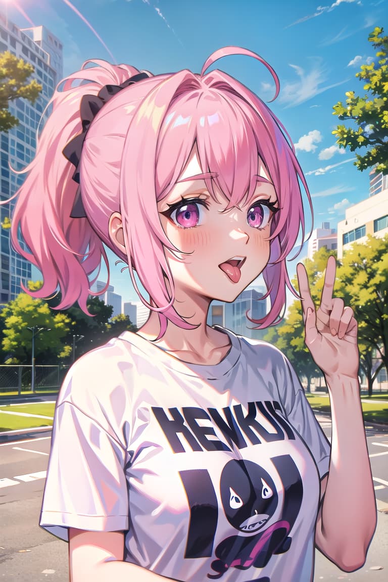  r 18, , middle , pink haired ,ponytail,large eyes,t shirts, , tongue, ice, park,