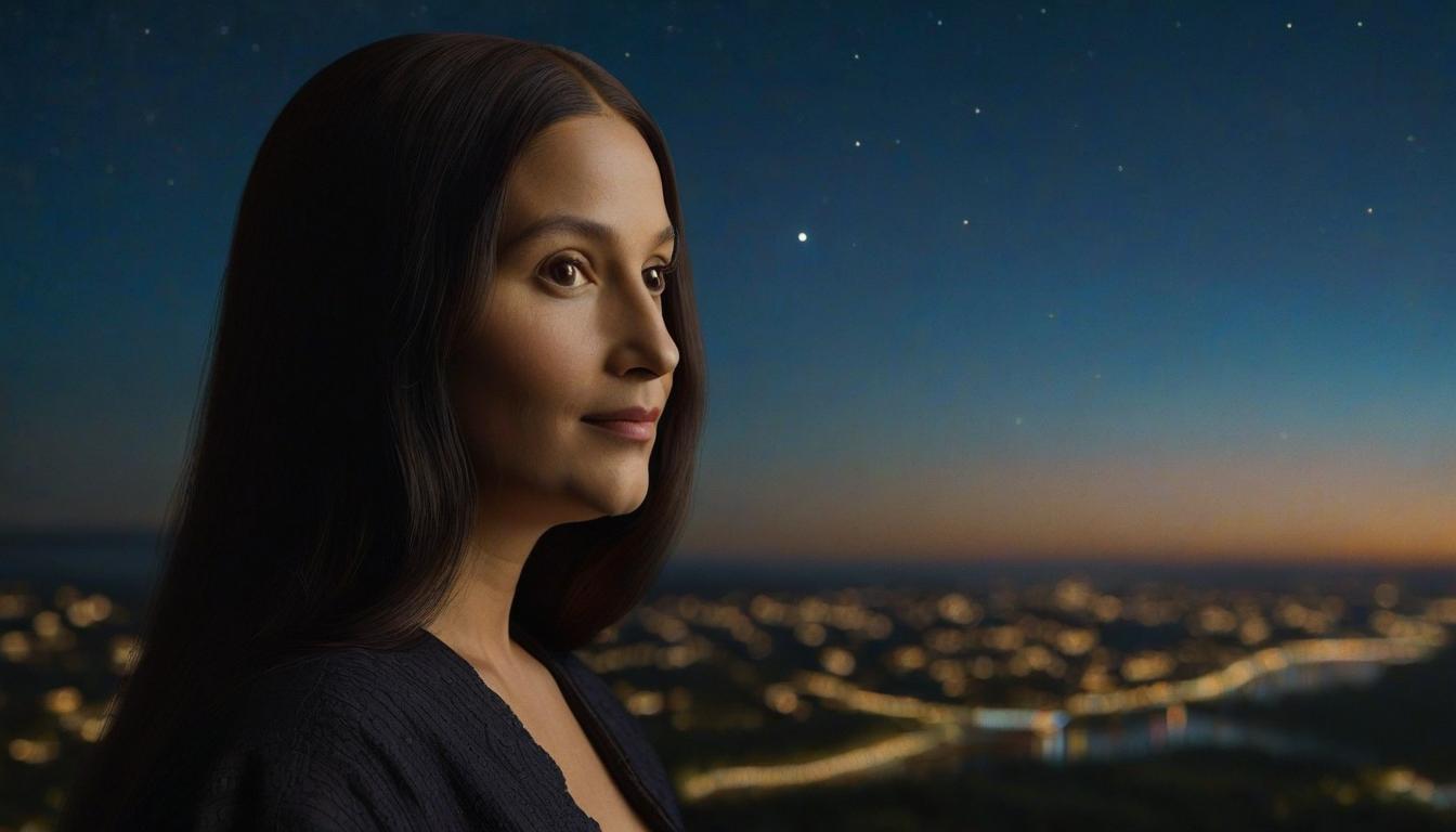  mona lisa, looking at the viewer, mild smile, a reimagined portrait of the mona lisa set against a starry night sky.