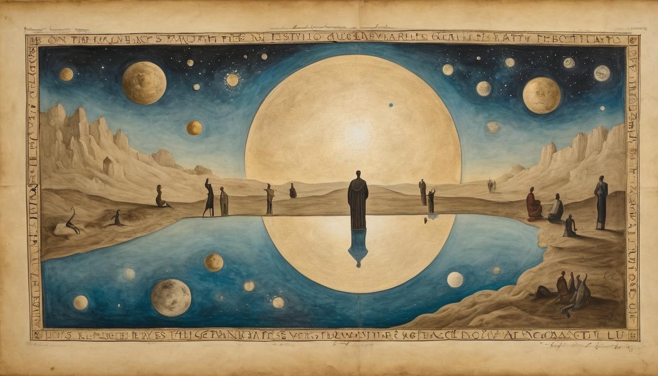  on parchment, surrealism++, a reflective pool showing the cosmos above, individuals gazing into it, deep contemplation, questioning, inner reflection(mysterious, provocative, symbolic)++