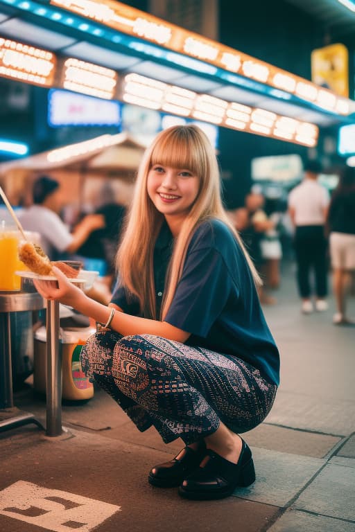  a girl wearing elephant patterned pants, posing on the crosswalk in yaowarat, bangkok at night. she has long blonde hair with bangs, blue eyes. she is smiling and looking into the camera. the city lights reflect off her shoes as she crouches down for an instagram photo pose. in front of her, there are vibrant neon signs in thai and chinese, with bustling crowds walking around, and street food vendors lining the sidewalks. , advertising photo,high quality, good proportion, masterpiece , the image is captured with an 8k camera