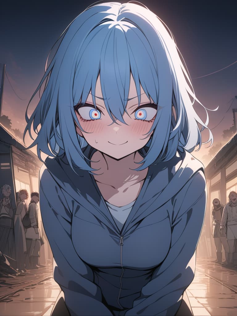  light blue hair, light blue, bob hair, darkness, hatred, angry crying, night, end of world, the edge of despair, crazy eyes, smiling, masterpiece, best quality,8k,ultra detailed,high resolution,an extremely delicate and beautiful,hyper detail