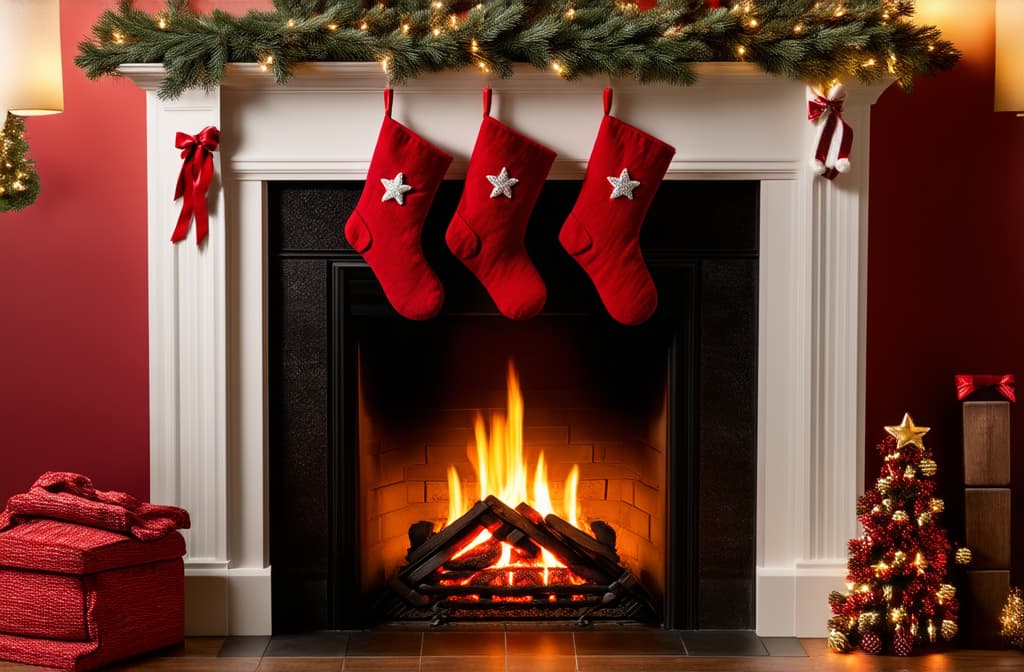  professional detailed photography, a fireplace with christmas stockings hanging above it ar 3:2, (muted colors, dim colors, soothing tones), (vsco:0.3)