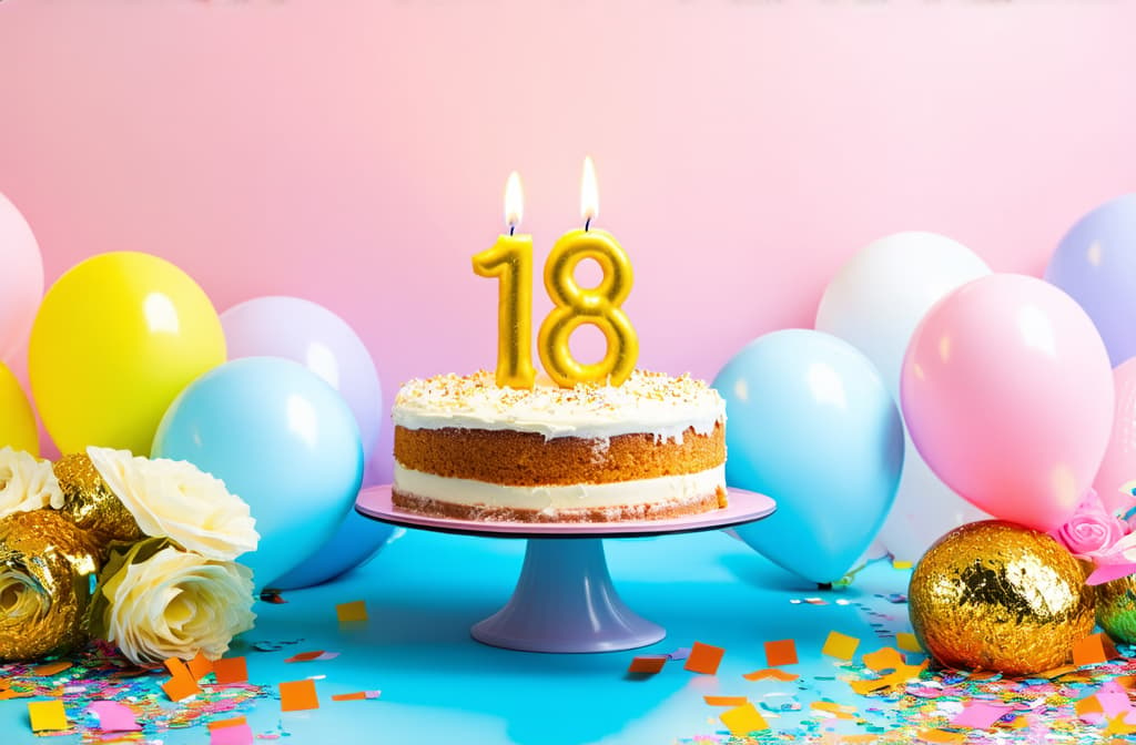  birthday cake with candles in shape of number 18 surrounded by balloons and confetti, pastel colors ar 3:2 {prompt}, maximum details