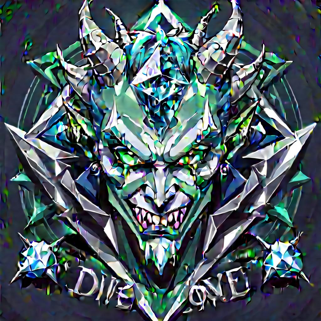  minimalist style diamond devil, portrait. dark green eyes, man. kind. hair gray. with fangs and horns. colors blue, blue, silver . simple, clean, uncluttered, modern, elegant