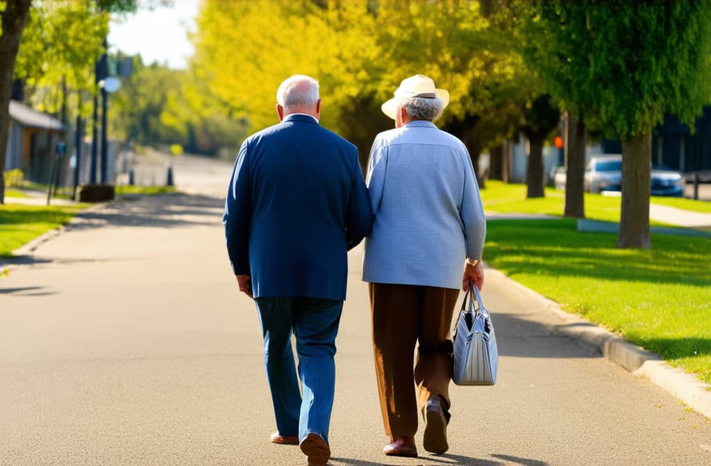  grandma and grandpa walking down the street, sunny day ar 3:2, (natural skin texture), highly detailed face, depth of field, hyperrealism, soft light, muted colors