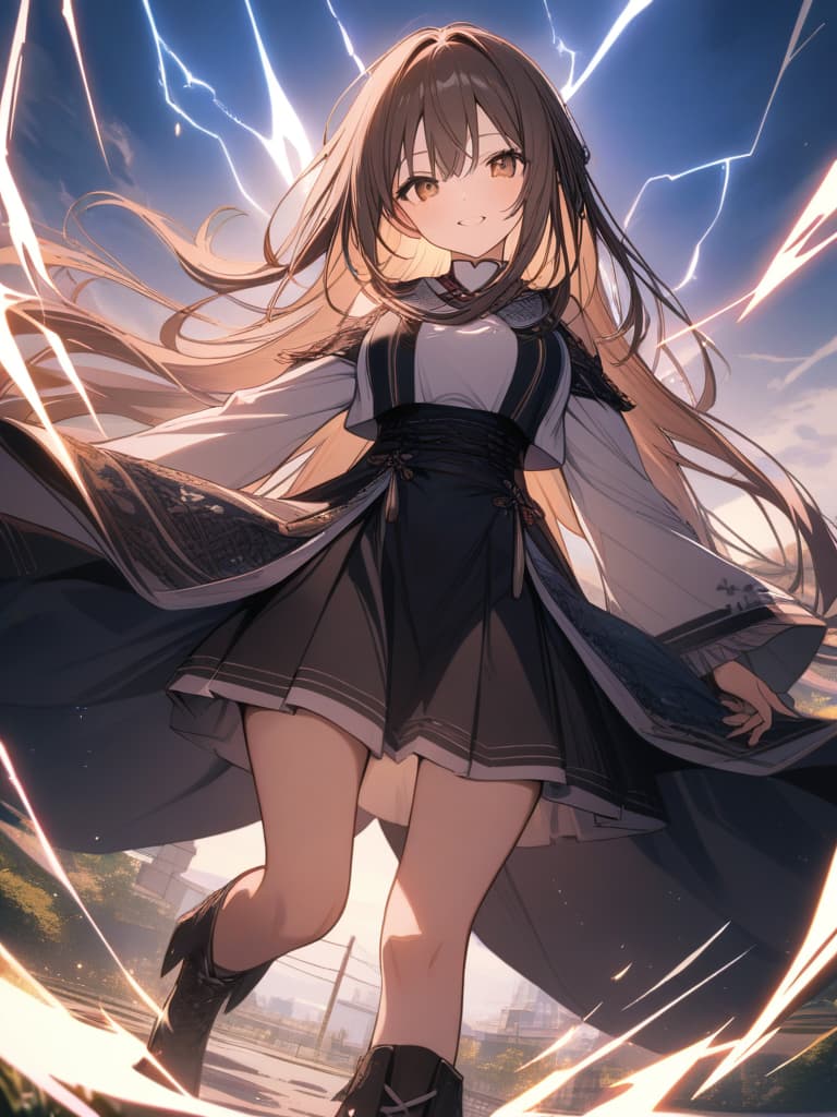  super long long hair, beautiful and delicate eyes, black hirahina clothes, lightning strikes, lightning, light boots, whole body, round english spells on the ground, smiling beautiful girl, brown hair pink, brown eye, masterpiece, best quality,8k,ultra detailed,high resolution,an extremely delicate and beautiful,hyper detail