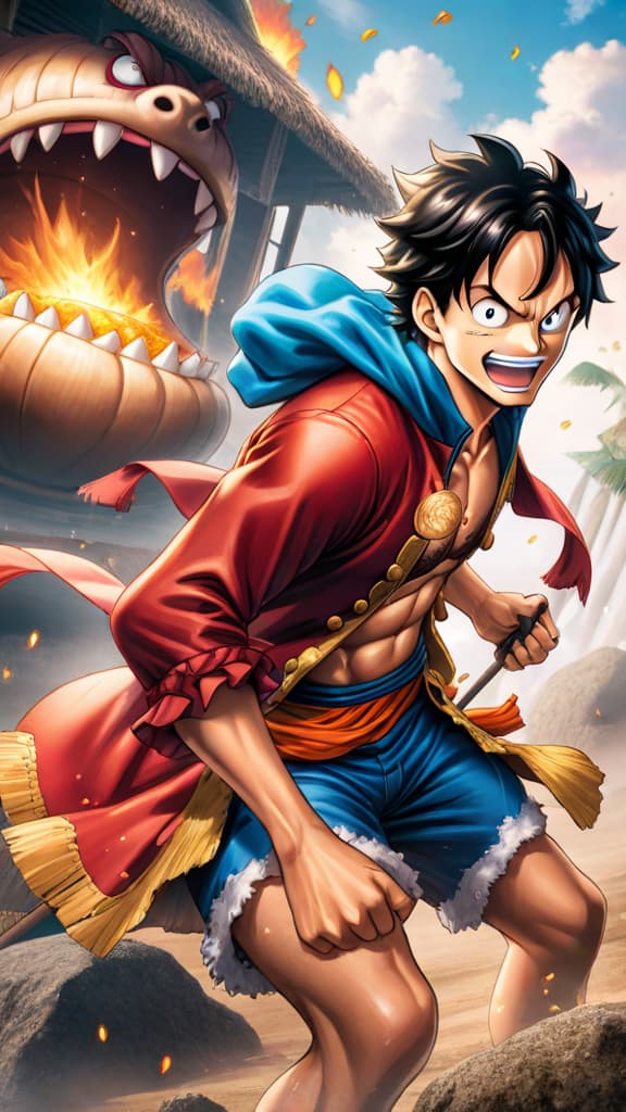  anime art: luffy undergoes ivankov's hormone therapy, aging 10 years for a chance to save ace. hyperrealistic, full body, detailed clothing, highly detailed, cinematic lighting, stunningly beautiful, intricate, sharp focus, f/1. 8, 85mm, (centered image composition), (professionally color graded), ((bright soft diffused light)), volumetric fog, trending on instagram, trending on tumblr, HDR 4K, 8K