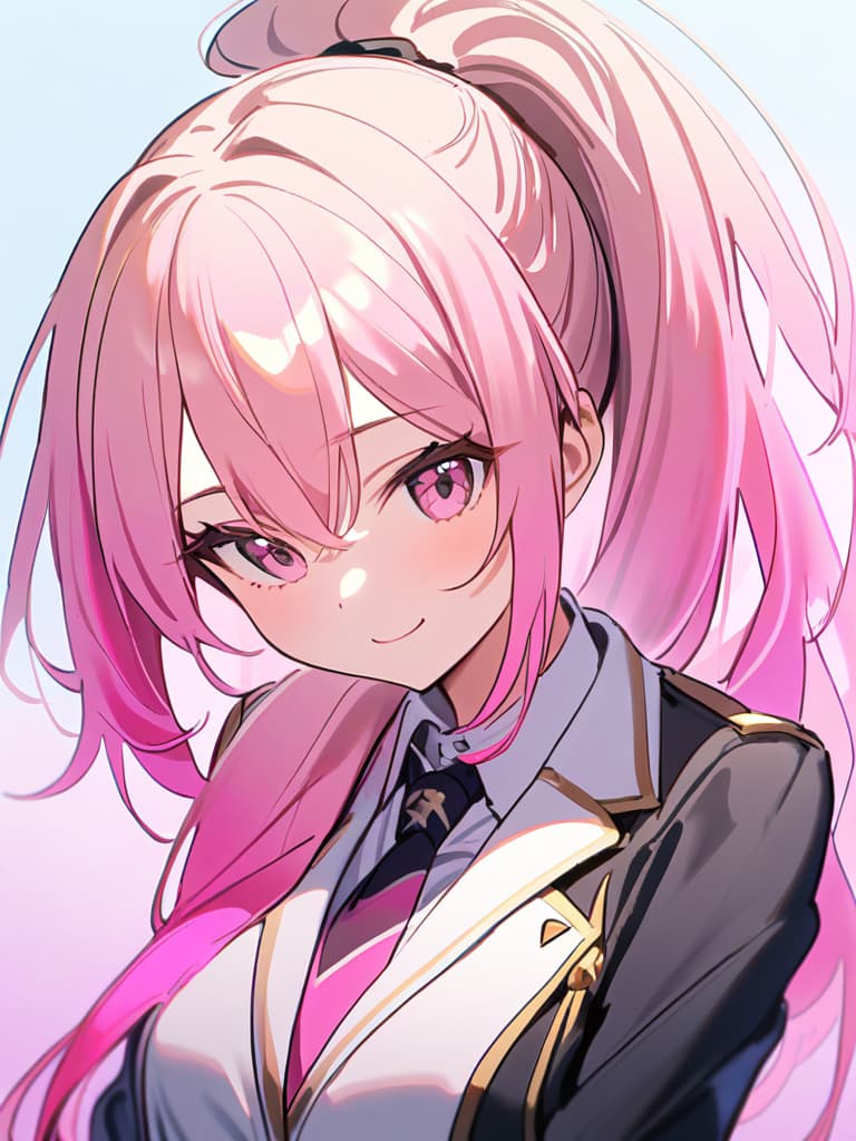  (beautiful girl:1.7)(high school student:1.5)(((gold with pink gradient hair color:2.0)))(ponytail:1.7)(wearing blazer uniform:1.7)(tie loosely tied:1.7)(strong smile:1.7)(cutting edge girl:1.7)(close up of upper body) masterpiece,high quality,16k,super analysis