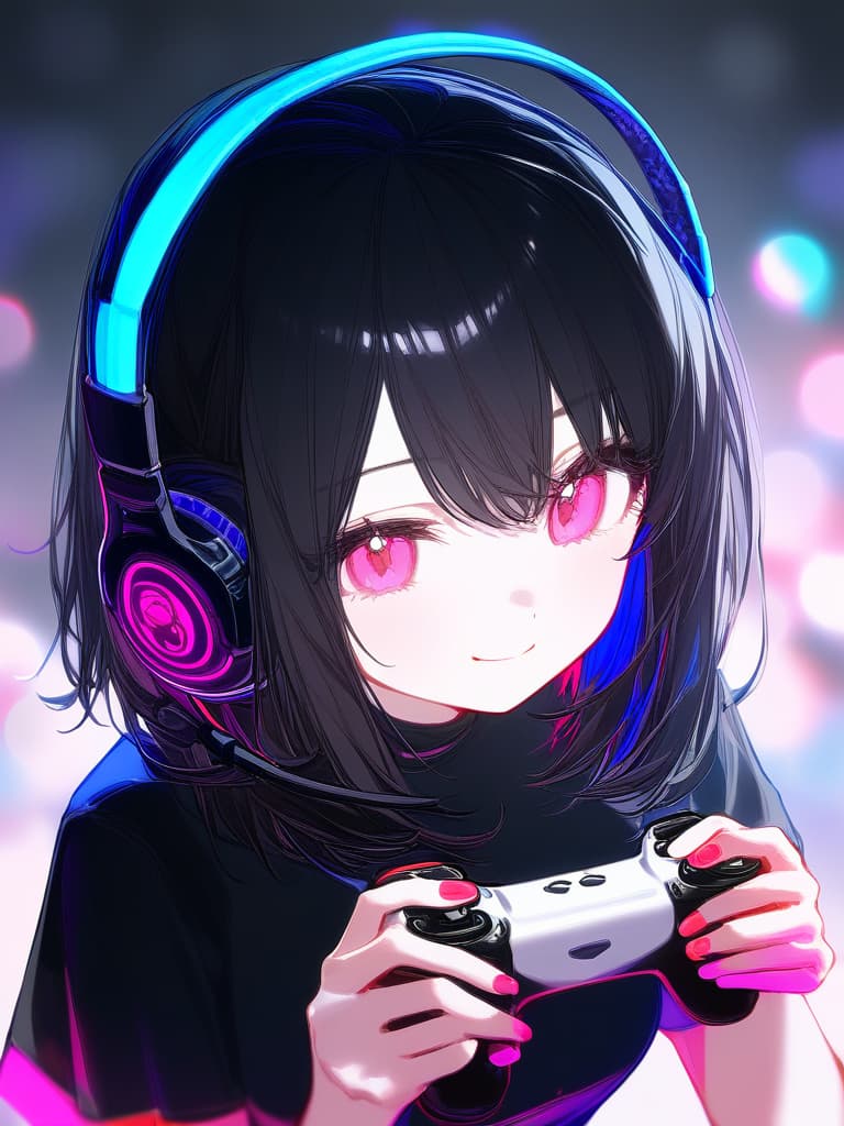  ,(1girl:1.5)((beautiful girl 2.0))(black hair:2.0)((bob hair:2.0))( headphones🎧:2.0)(holding game controller🎮:2.0)( neon color:2.0)high quality,16k,cute face,pink eyes