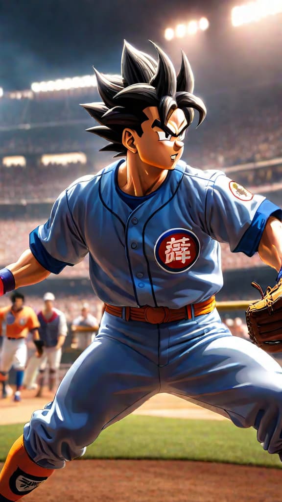  anime art: dragon ball super characters playing baseball against gods in a high stakes game. hyperrealistic, full body, detailed clothing, highly detailed, cinematic lighting, stunningly beautiful, intricate, sharp focus, f/1. 8, 85mm, (centered image composition), (professionally color graded), ((bright soft diffused light)), volumetric fog, trending on instagram, trending on tumblr, HDR 4K, 8K