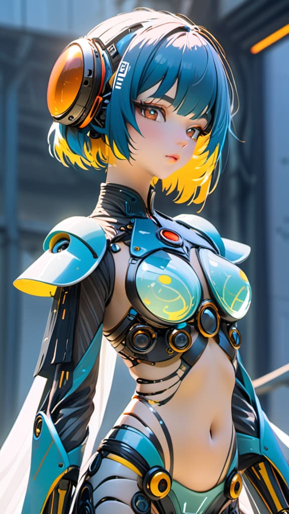  (Masterpiece, best picture quality), Cyberpunk, girl, French bangs, ((metal and transparent shell | splicing robot)), transparent belly:1.1, metal spine:1.2, (Cyber| body paint), aircraft background, dynamic perspective, hanfu