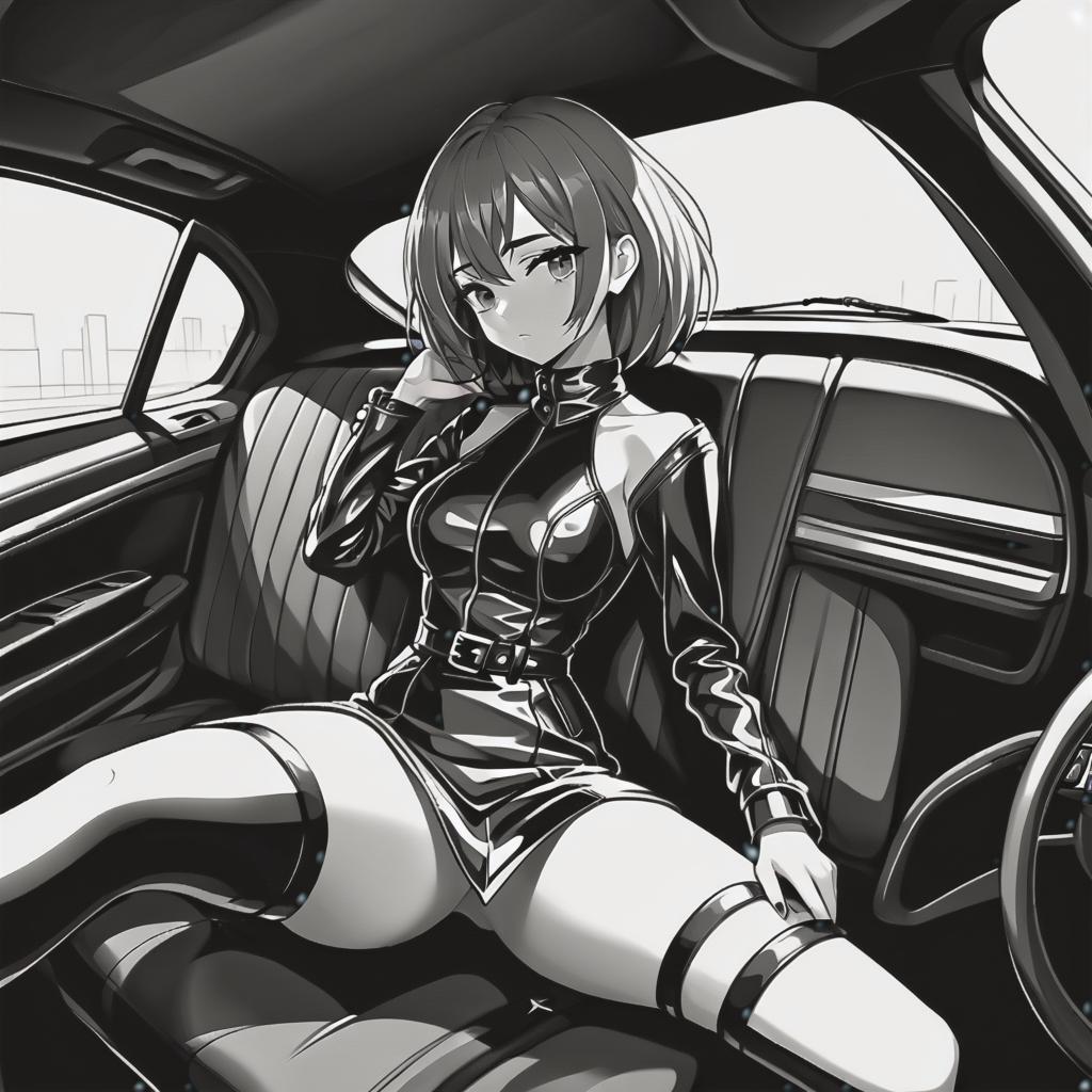  line art drawing girl in leather dress, in car, same nightmare. anime style . professional, sleek, modern, minimalist, graphic, line art, vector graphics