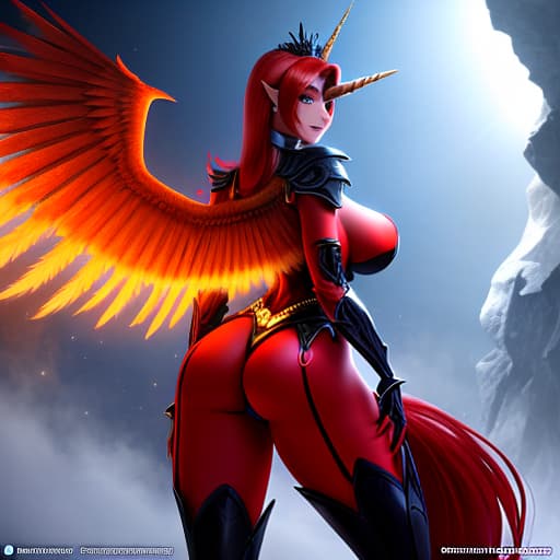  "A scene of an erotic nature, an anthropomorphic unicorn from MLP, Dabrer with fiery red hair engulfed in flames, black devilish eyes with a golden iris, snow white skin, feathered wings on the back, a long sharp tongue, sharp teeth, Large breasts, a golden tiara, golden armor, a horse tail where the ass should be, stands against a background of a gigantic sun, high detail, 64K, HDR+, View from bottom to top, shows its dominance, horror," hyperrealistic, full body, detailed clothing, highly detailed, cinematic lighting, stunningly beautiful, intricate, sharp focus, f/1. 8, 85mm, (centered image composition), (professionally color graded), ((bright soft diffused light)), volumetric fog, trending on instagram, trending on tumblr, HDR 4K, 8K