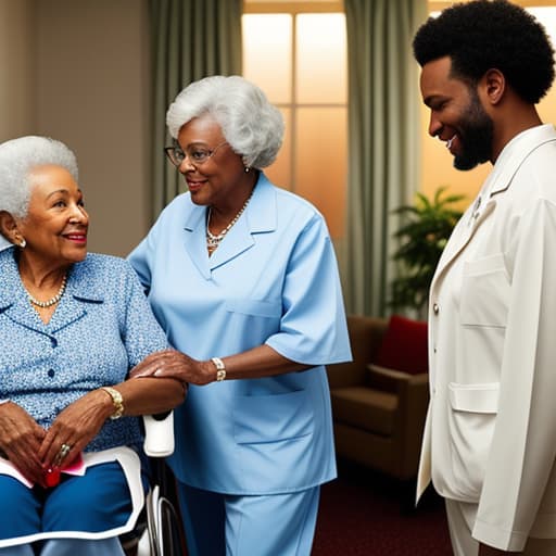  old black people in a nursing home with a view hyperrealistic, full body, detailed clothing, highly detailed, cinematic lighting, stunningly beautiful, intricate, sharp focus, f/1. 8, 85mm, (centered image composition), (professionally color graded), ((bright soft diffused light)), volumetric fog, trending on instagram, trending on tumblr, HDR 4K, 8K