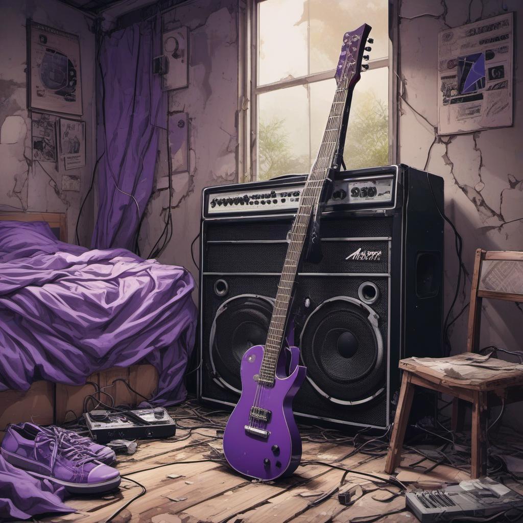  chambre abandonnée en ruine avec une guitare électrique et amplificateur violet , comic style, manga and manhwa style, painting style